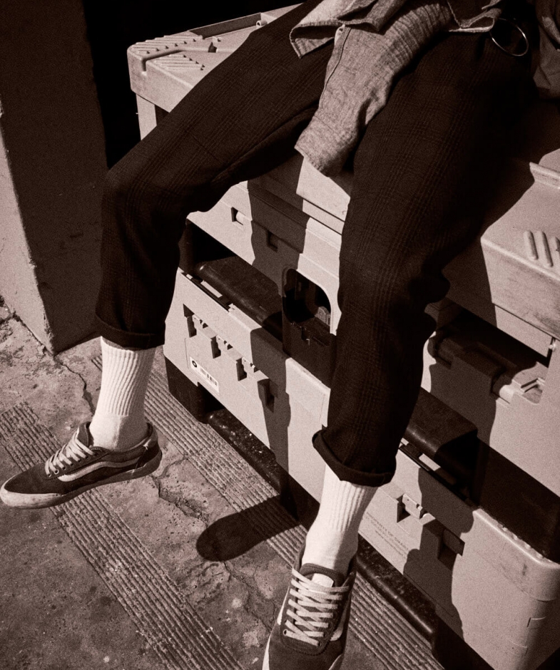 trousers and shoes, socks in black and white